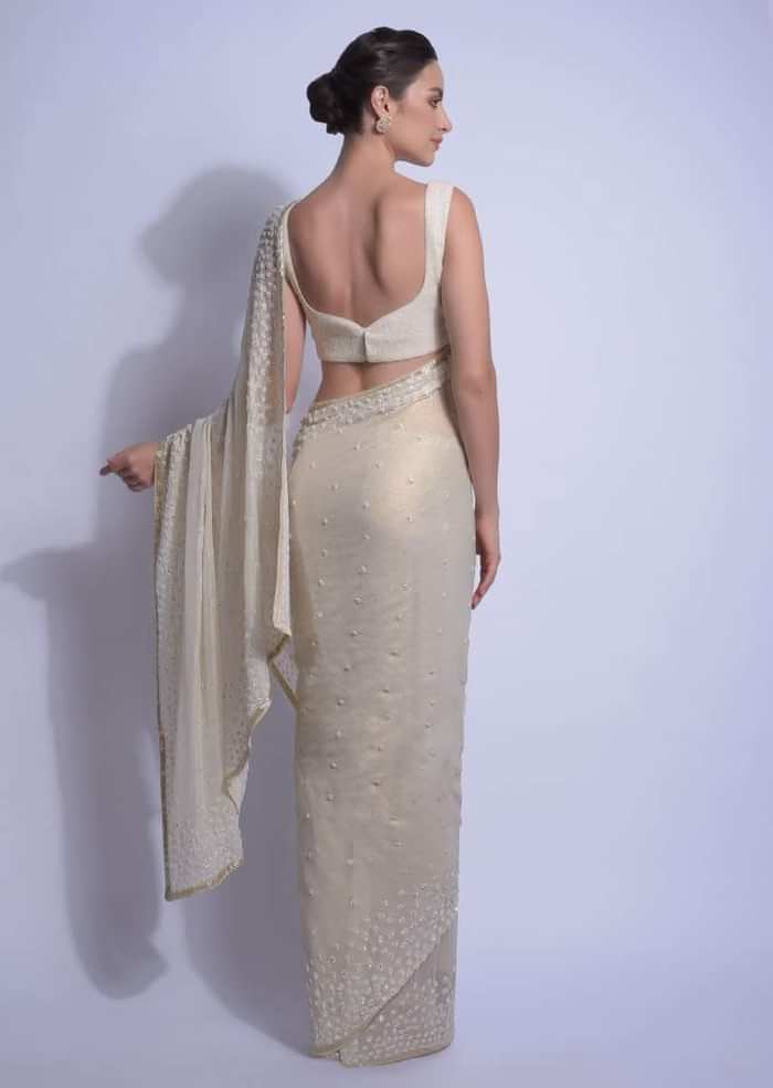 Cream Gold Saree In Shimmer Georgette With Embellished Floral Buttis Online - Kalki Fashion