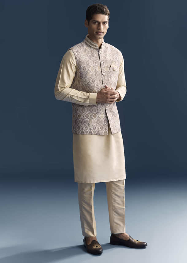 Cream Jacquard Kurta Jacket Set For Men With Printed Jacket Cream Jacquard Kurta Jacket Set For Men With Printed Jacket