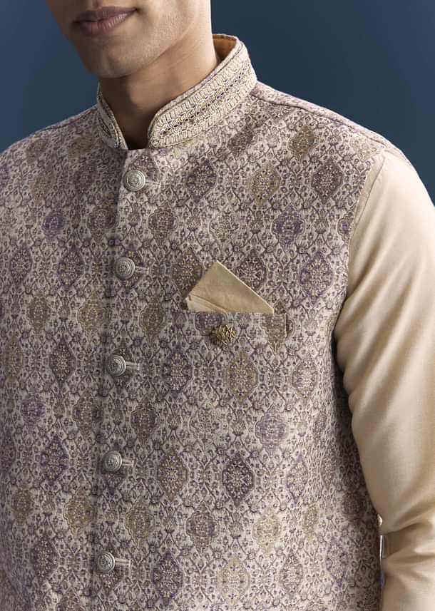 Cream Jacquard Kurta Jacket Set For Men With Printed Jacket Cream Jacquard Kurta Jacket Set For Men With Printed Jacket