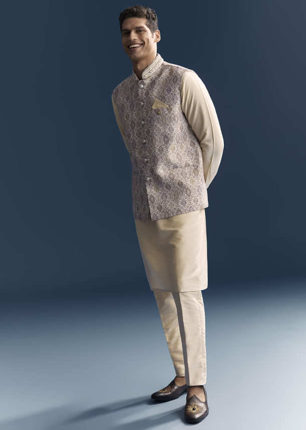 Cream Jacquard Kurta Jacket Set For Men With Printed Jacket Cream Jacquard Kurta Jacket Set For Men With Printed Jacket