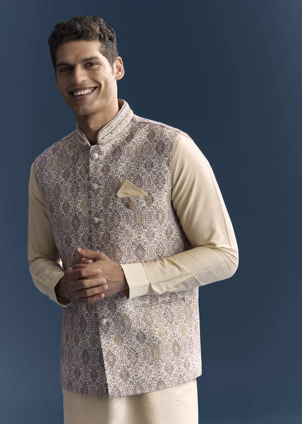 Cream Jacquard Kurta Jacket Set For Men With Printed Jacket Cream Jacquard Kurta Jacket Set For Men With Printed Jacket