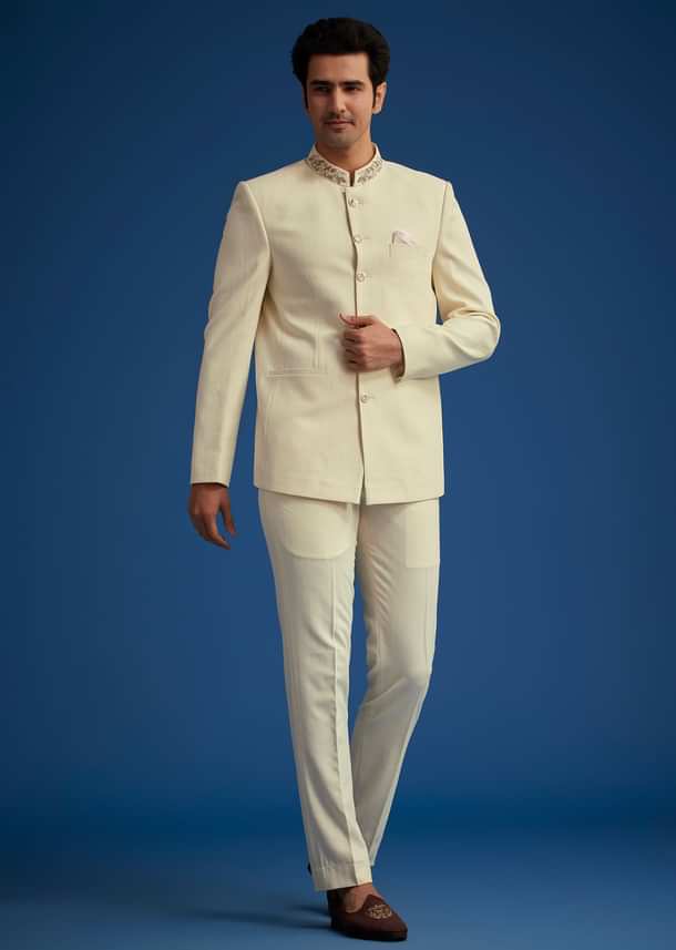 Cream Jodhpuri Suit With Handwork Collar Cream Jodhpuri Suit With Handwork Collar