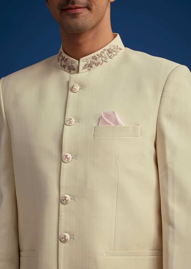 Cream Jodhpuri Suit With Handwork Collar Cream Jodhpuri Suit With Handwork Collar