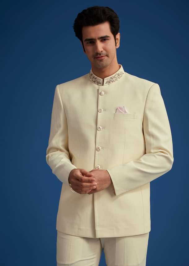 Cream Jodhpuri Suit With Handwork Collar Cream Jodhpuri Suit With Handwork Collar