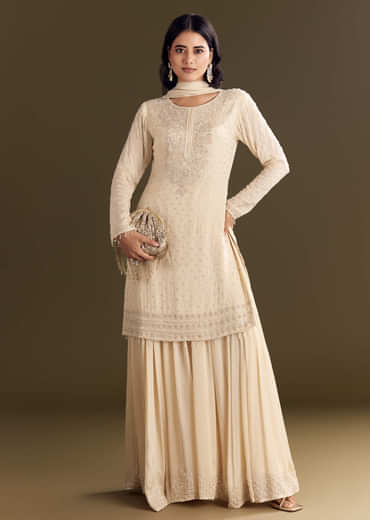 Cream Kurta Palazzo Set With Cutdana And Sequins Work