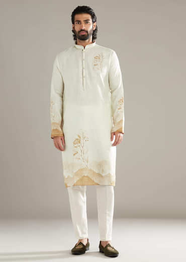 Cream Kurta Set For Men With Floral Print