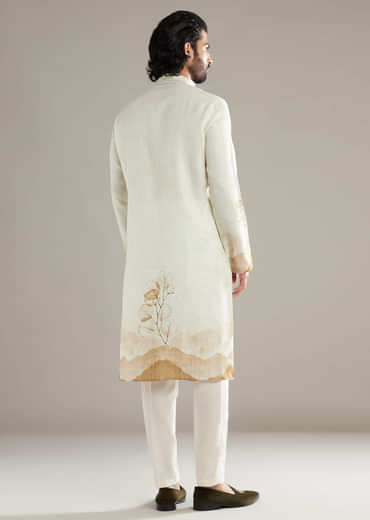 Cream Kurta Set For Men With Floral Print