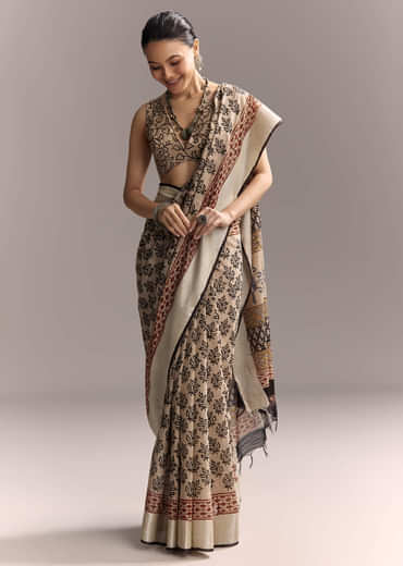 Cream Linen Saree With Black Hand Block Ajrakh Print
