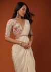 Cream White Ready Pleated Saree With Floral Hand Work On The Blouse