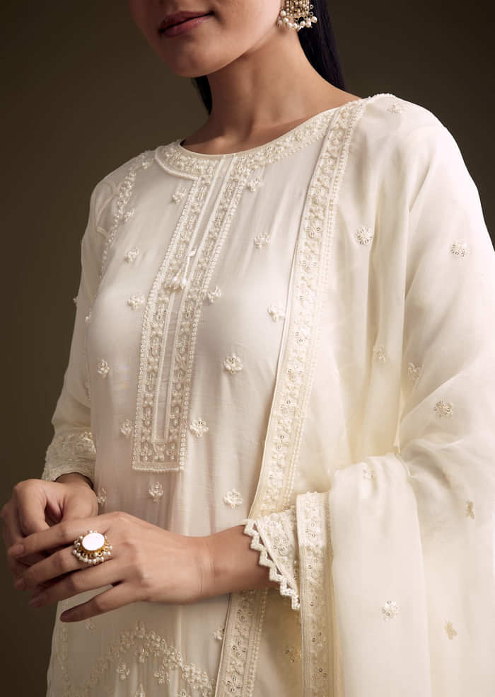 Cream Organza Kurta Set With Resham And Moti Embroidery