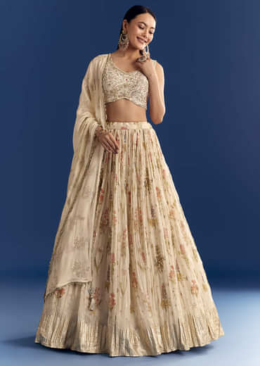 Cream Organza Lehenga Set With Zardosi Choli And Sequins Dupatta