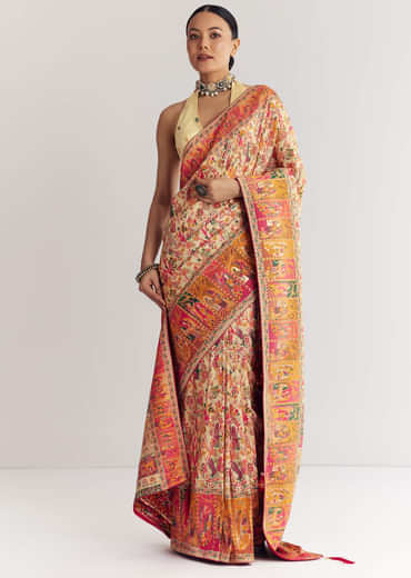 Cream Saree With Traditional Woven Elements