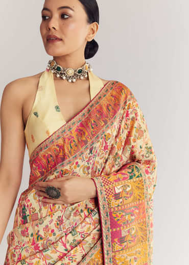 Cream Saree With Traditional Woven Elements