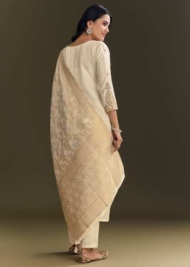 Cream Silk Embroidered Kurta Pant With Banarasi Dupatta