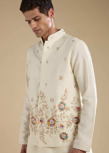 Cream Silk Jacket Kurta Set with Resham Work
