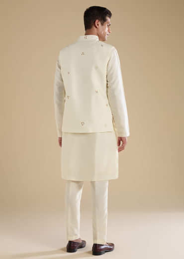 Cream Silk Jacket Kurta Set with Resham Work