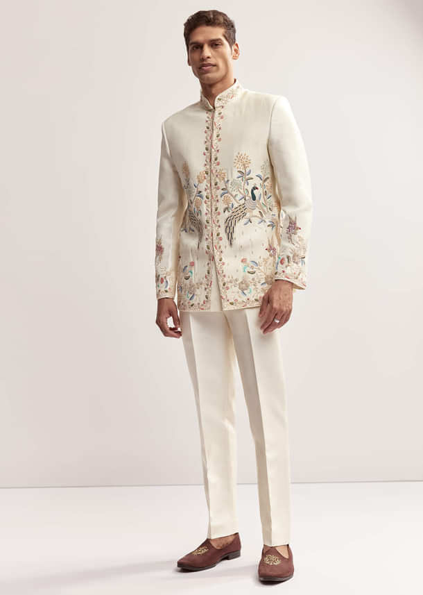 Cream Silk Jodhpuri Set For Men With Multicolour Peacock Embroidery Cream Silk Jodhpuri Set For Men With Multicolour Peacock Embroidery