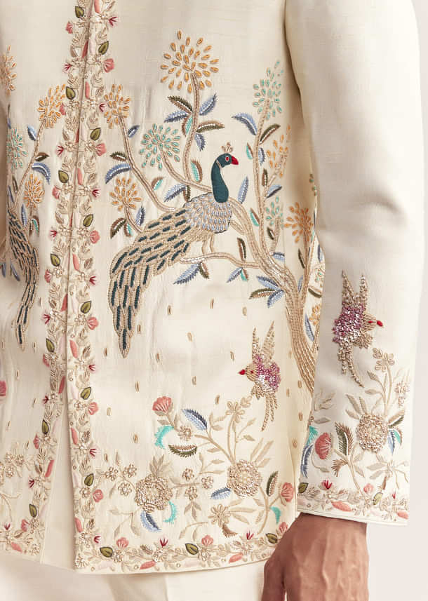 Cream Silk Jodhpuri Set For Men With Multicolour Peacock Embroidery Cream Silk Jodhpuri Set For Men With Multicolour Peacock Embroidery