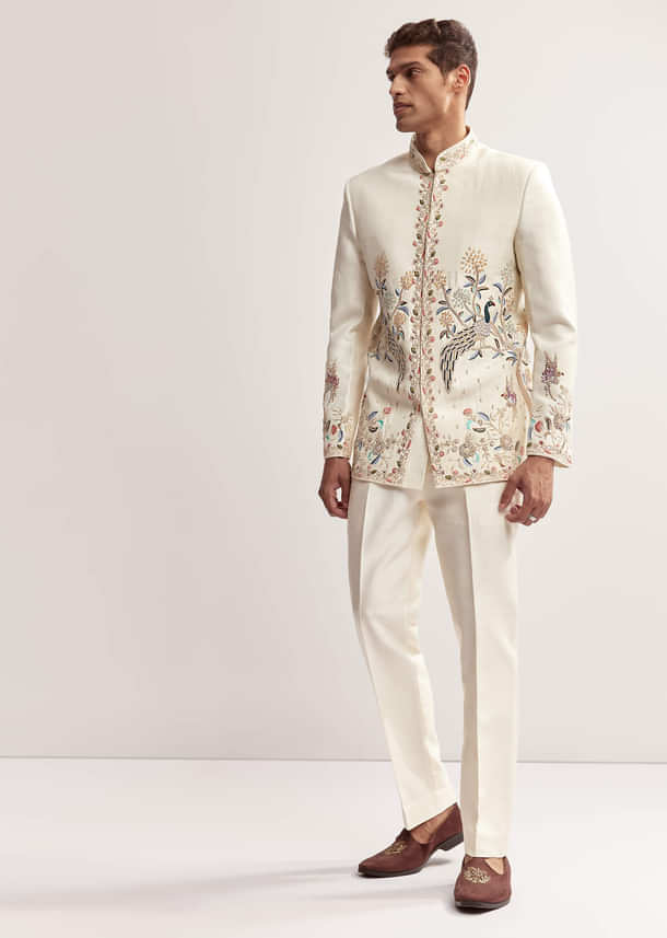 Cream Silk Jodhpuri Set For Men With Multicolour Peacock Embroidery Cream Silk Jodhpuri Set For Men With Multicolour Peacock Embroidery