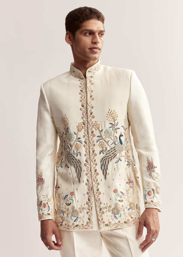Cream Silk Jodhpuri Set For Men With Multicolour Peacock Embroidery Cream Silk Jodhpuri Set For Men With Multicolour Peacock Embroidery