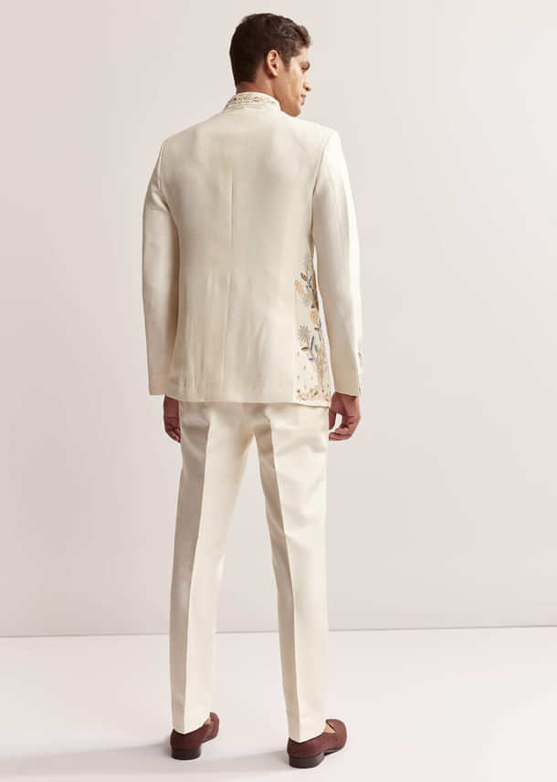 Cream Silk Jodhpuri Set For Men With Multicolour Peacock Embroidery Cream Silk Jodhpuri Set For Men With Multicolour Peacock Embroidery