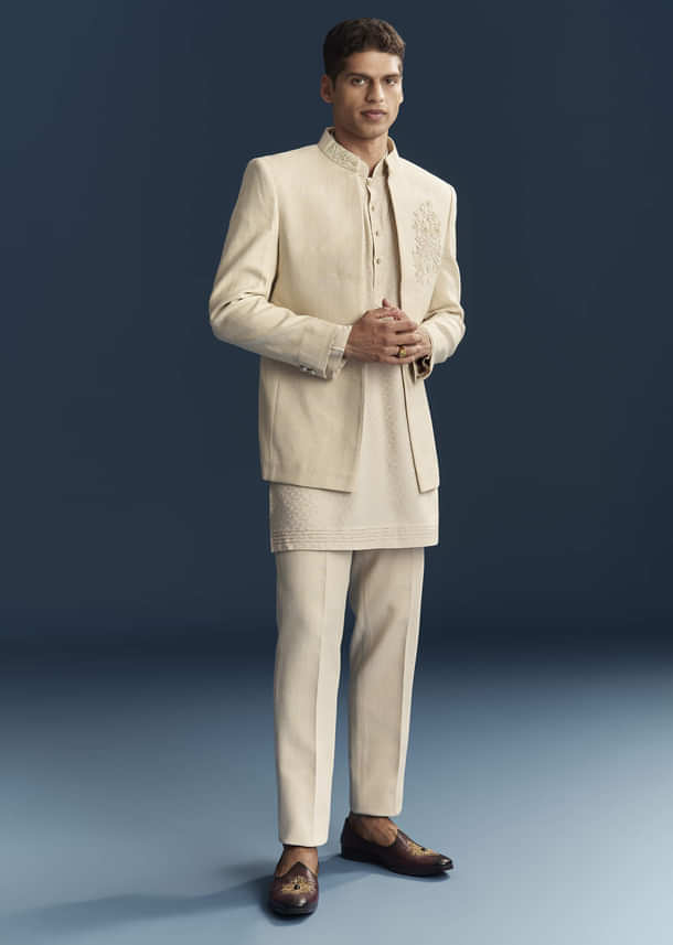 Cream Silk Kurta Jacket Set For Men With Dense Embroidery Cream Silk Kurta Jacket Set For Men With Dense Embroidery
