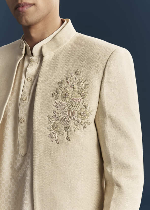 Cream Silk Kurta Jacket Set For Men With Dense Embroidery Cream Silk Kurta Jacket Set For Men With Dense Embroidery