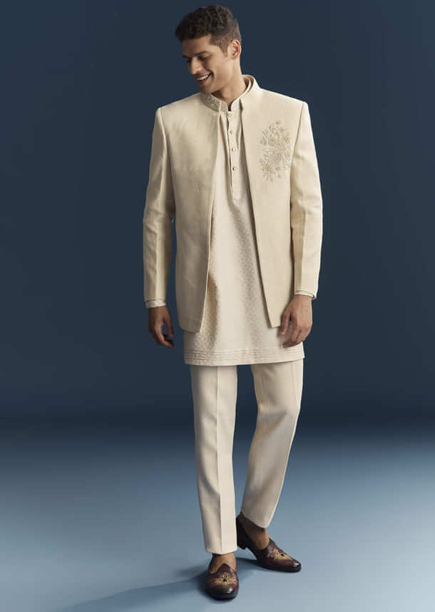 Cream Silk Kurta Jacket Set For Men With Dense Embroidery Cream Silk Kurta Jacket Set For Men With Dense Embroidery