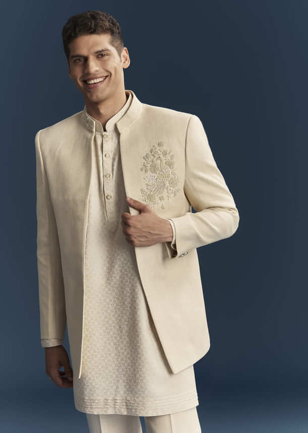 Cream Silk Kurta Jacket Set For Men With Dense Embroidery Cream Silk Kurta Jacket Set For Men With Dense Embroidery