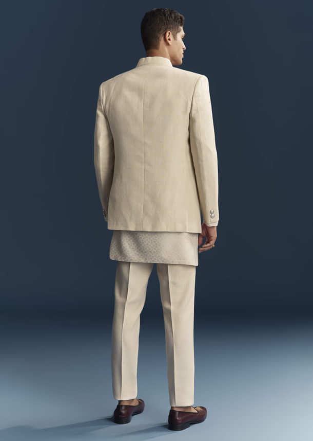 Cream Silk Kurta Jacket Set For Men With Dense Embroidery Cream Silk Kurta Jacket Set For Men With Dense Embroidery