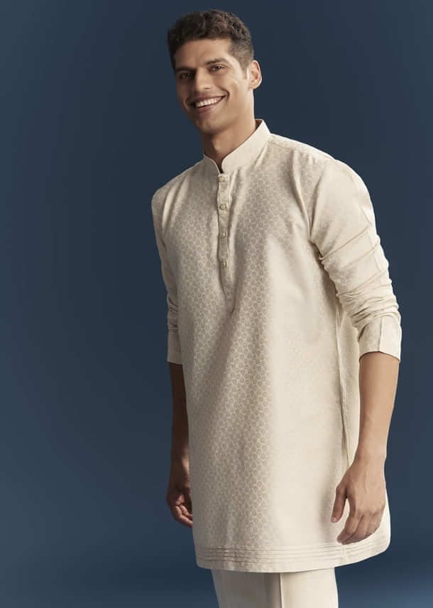 Cream Silk Kurta Jacket Set For Men With Dense Embroidery Cream Silk Kurta Jacket Set For Men With Dense Embroidery