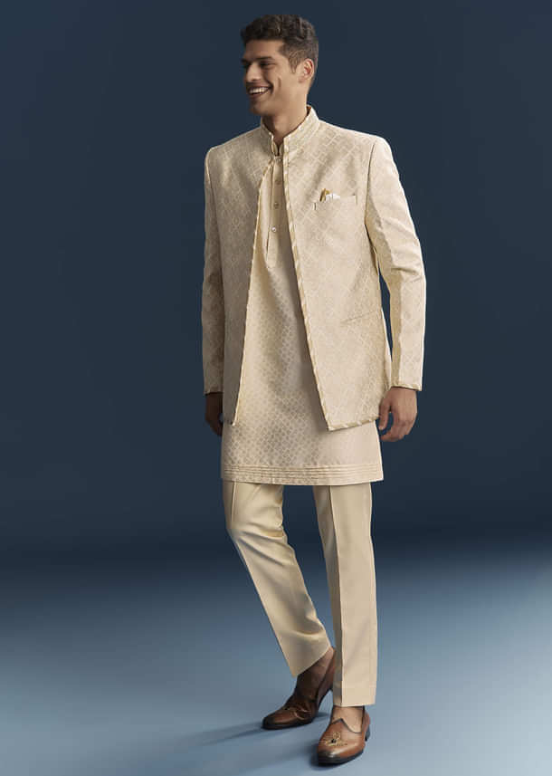 Cream Silk Kurta Jacket Set For Men With Embroidery Cream Silk Kurta Jacket Set For Men With Embroidery