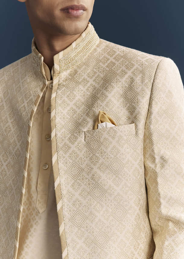 Cream Silk Kurta Jacket Set For Men With Embroidery Cream Silk Kurta Jacket Set For Men With Embroidery