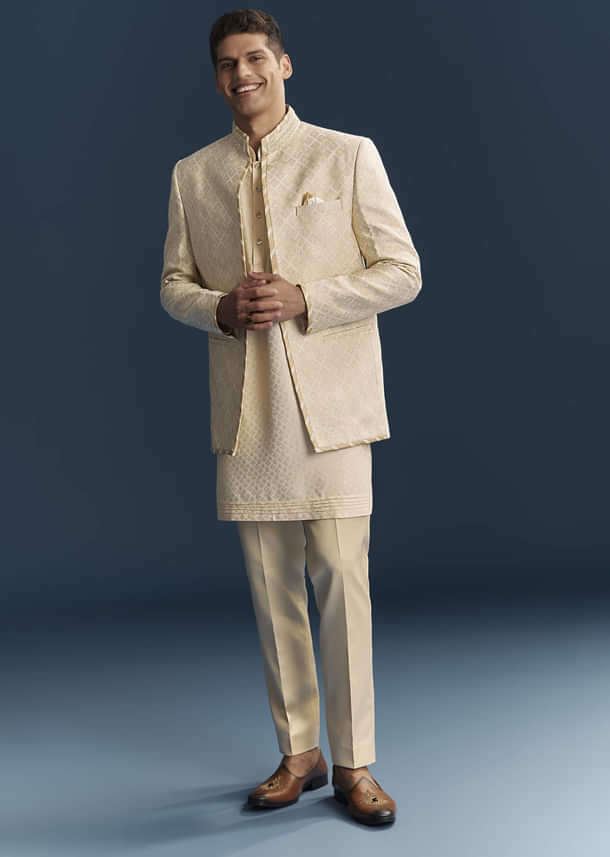 Cream Silk Kurta Jacket Set For Men With Embroidery Cream Silk Kurta Jacket Set For Men With Embroidery