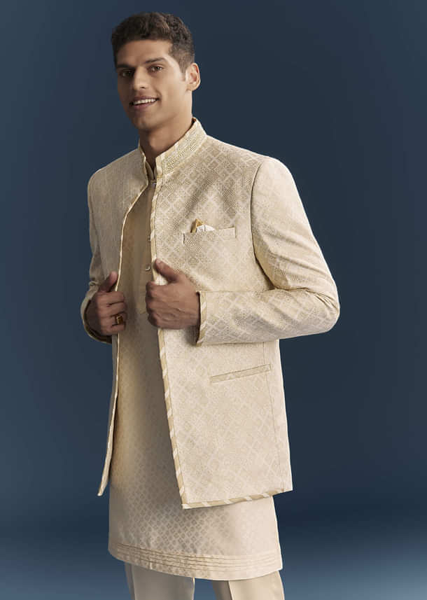 Cream Silk Kurta Jacket Set For Men With Embroidery Cream Silk Kurta Jacket Set For Men With Embroidery