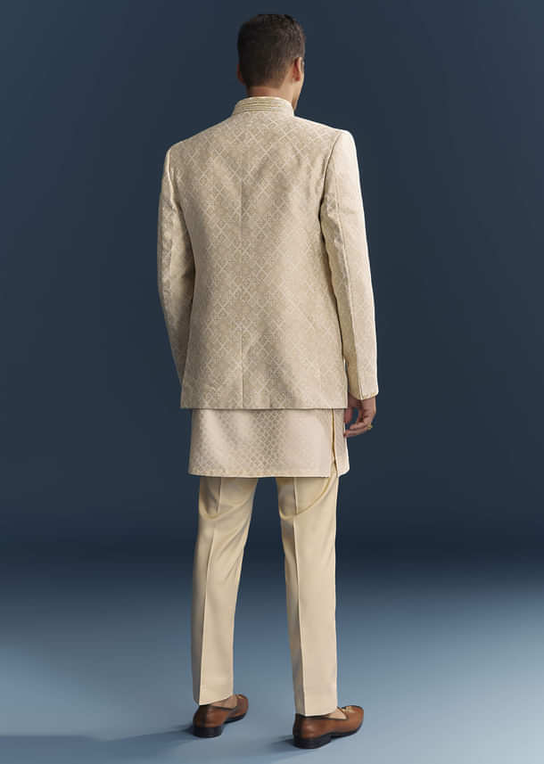 Cream Silk Kurta Jacket Set For Men With Embroidery Cream Silk Kurta Jacket Set For Men With Embroidery