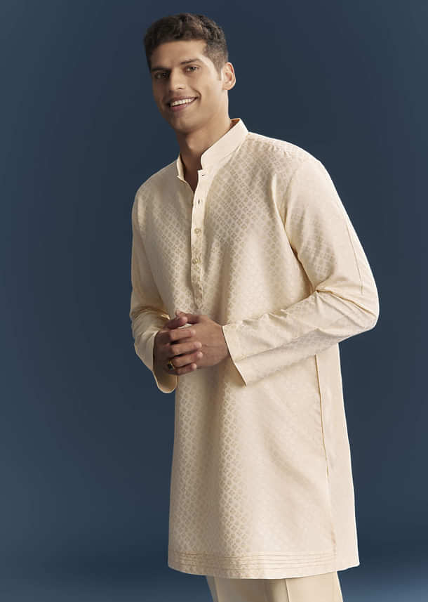 Cream Silk Kurta Jacket Set For Men With Embroidery Cream Silk Kurta Jacket Set For Men With Embroidery