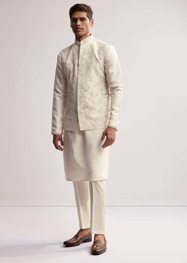 Cream Silk Kurta Jacket Set For Men With Floral Hand Embroidery Cream Silk Kurta Jacket Set For Men With Floral Hand Embroidery