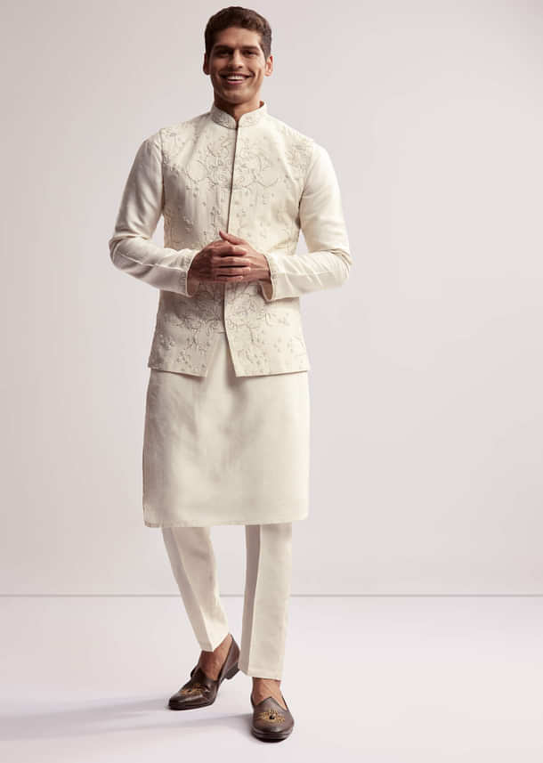 Cream Silk Kurta Jacket Set For Men With Floral Hand Embroidery Cream Silk Kurta Jacket Set For Men With Floral Hand Embroidery