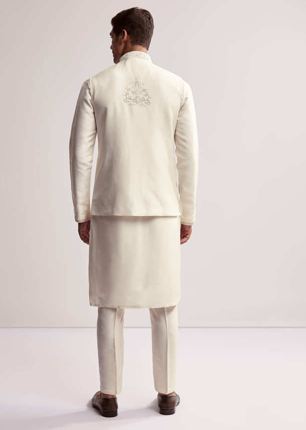 Cream Silk Kurta Jacket Set For Men With Floral Hand Embroidery Cream Silk Kurta Jacket Set For Men With Floral Hand Embroidery