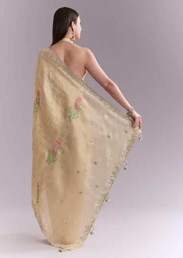 Cream Silk Saree With Floral Motifs And Gota Work