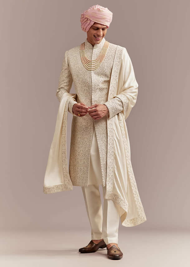 Cream Silk Sherwani For Groom With Floral And Geometric Embroidery