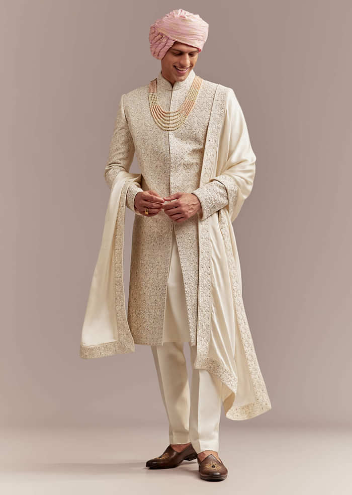 Cream Silk Sherwani For Groom With Floral And Geometric Embroidery
