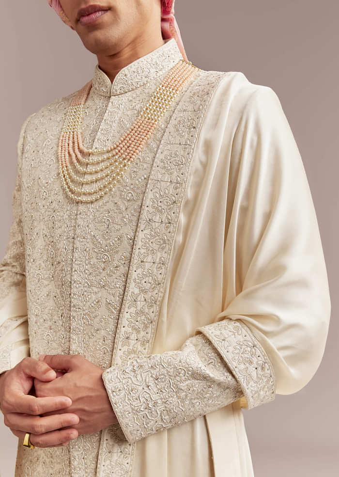 Cream Silk Sherwani For Groom With Floral And Geometric Embroidery