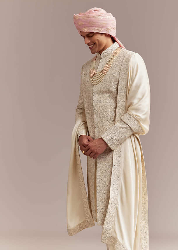 Cream Silk Sherwani For Groom With Floral And Geometric Embroidery