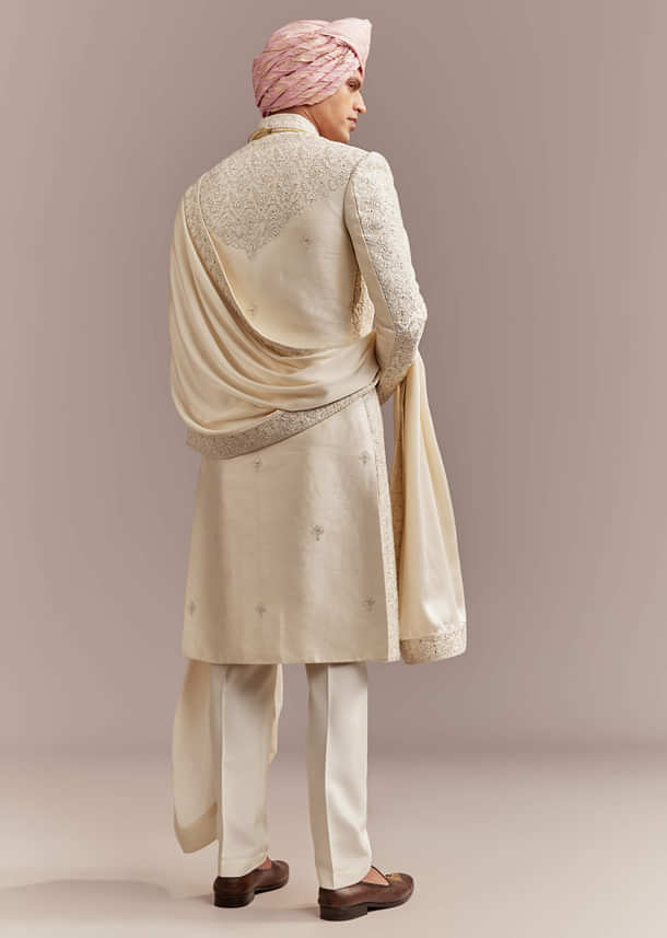 Cream Silk Sherwani For Groom With Floral And Geometric Embroidery