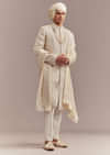 Cream Silk Sherwani For Groom With Floral And Vine Embroidery