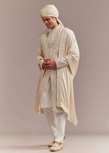 Cream Silk Sherwani For Groom With Floral And Vine Embroidery