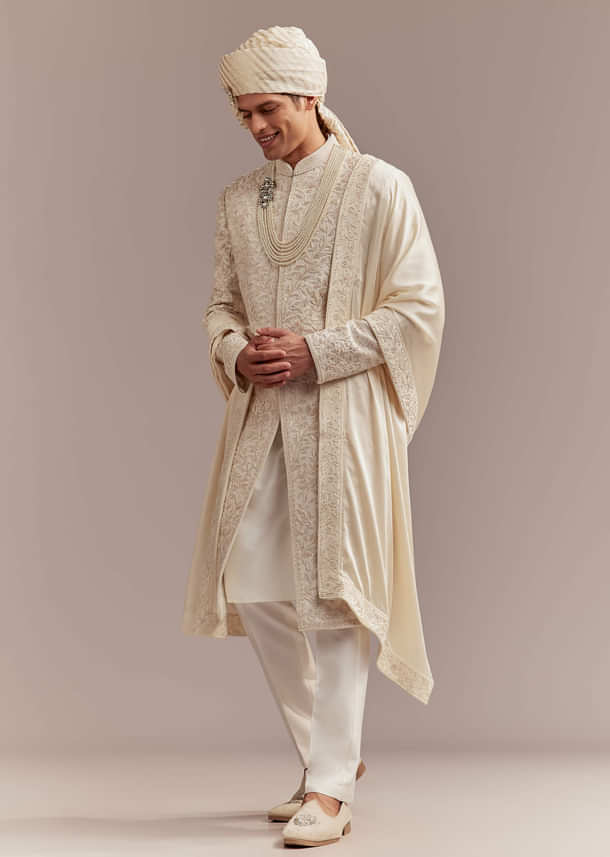 Cream Silk Sherwani For Groom With Floral And Vine Embroidery