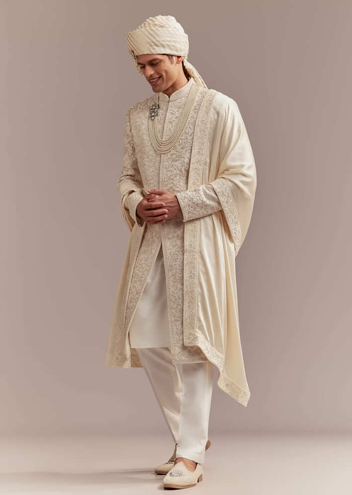 Cream Silk Sherwani For Groom With Floral And Vine Embroidery
